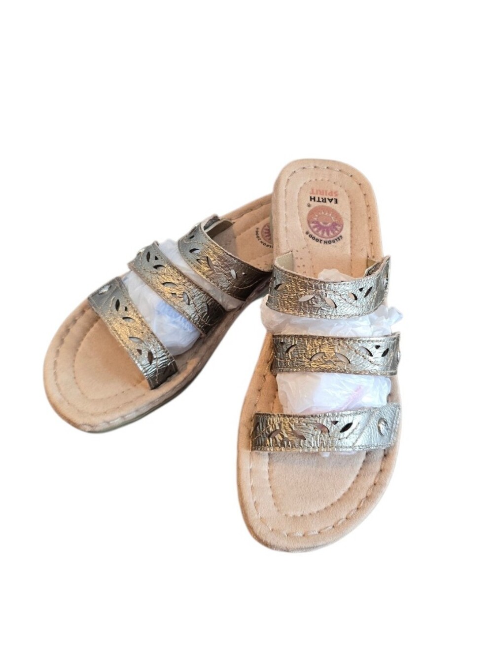 Earth Spirit Gelron 2000 Metallic  Triple Strap Slide On Sandals 7